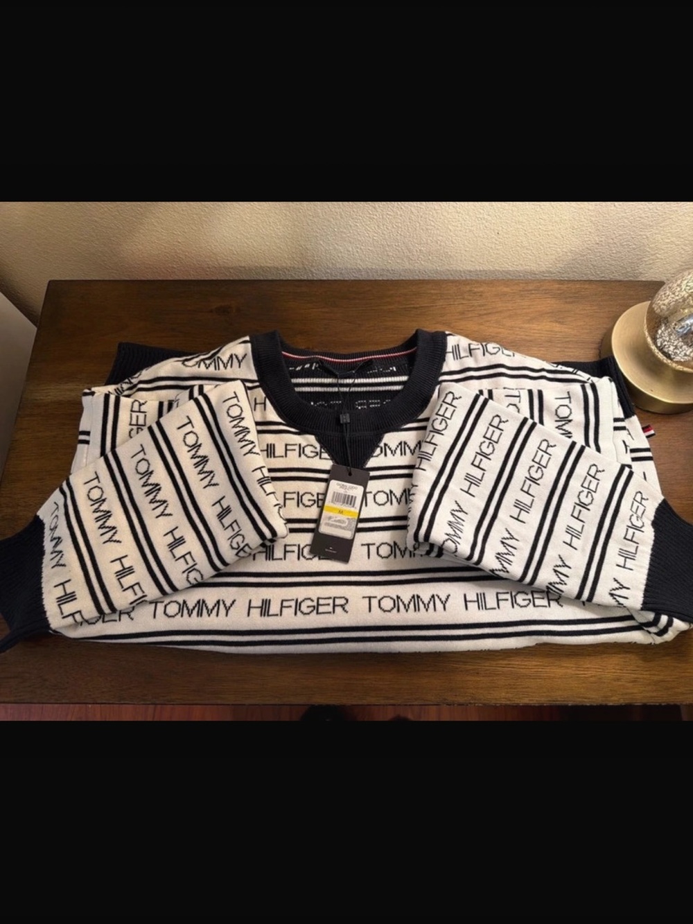 Tommy Hilfiger White Crewneck Sweater with Navy Logo Stripes